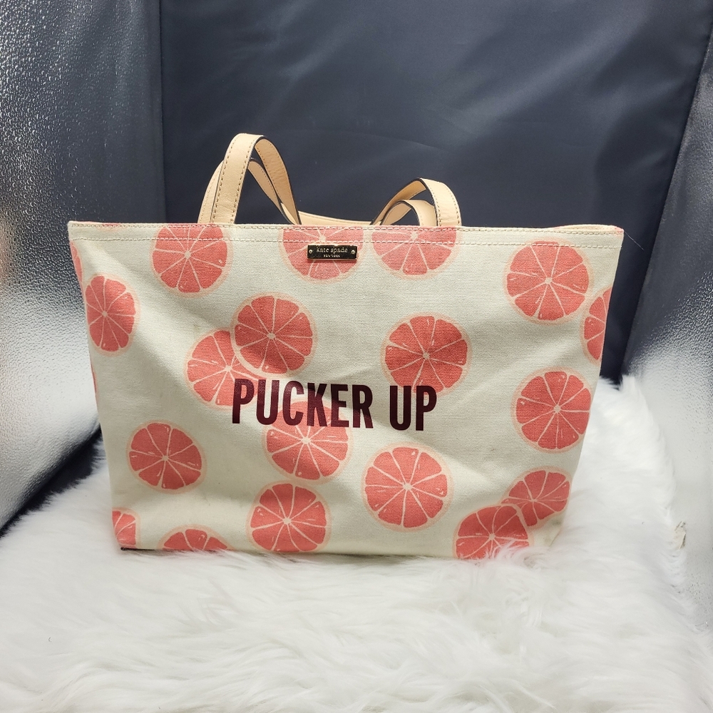 Kate Spade Pucker Up Canvas Tote Bag - Pink and Cream